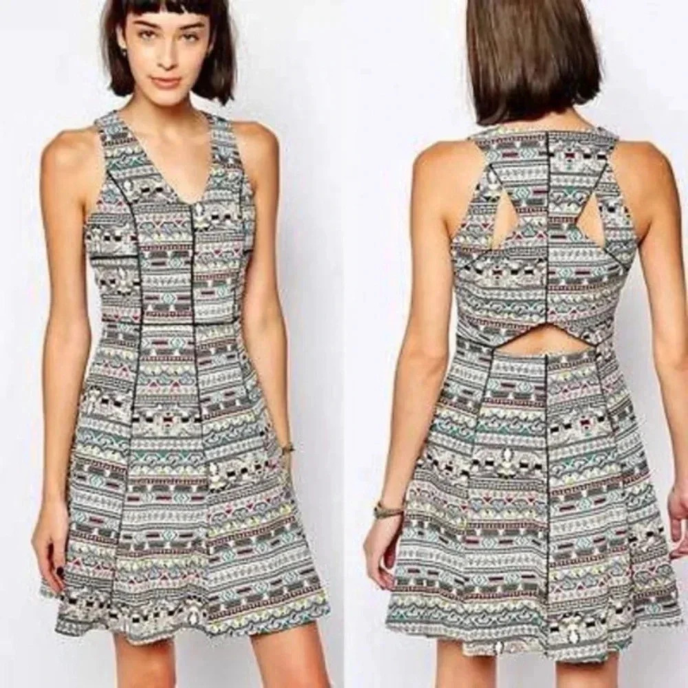 ANTHROPOLOGIE GREYLIN | Geo Aztec Print Cutout Back Fit & Flare Dress Size M
